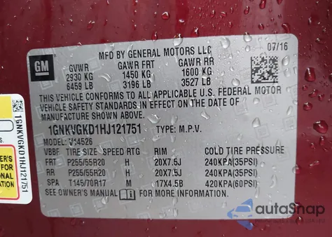 2017 Chevrolet Traverse 1Lt z USA, uszkodzony, nr VIN 1GNKVGKD1HJ121751